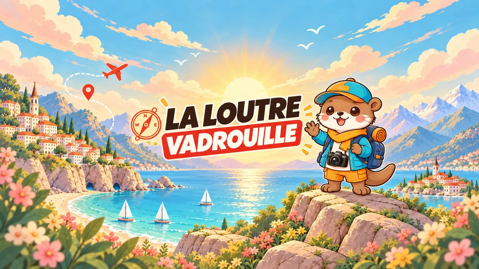 La Loutre Vadrouille : la loutre voyageuse, sac au dos et appareil photo, salue au-dessus d’une baie ensoleillée