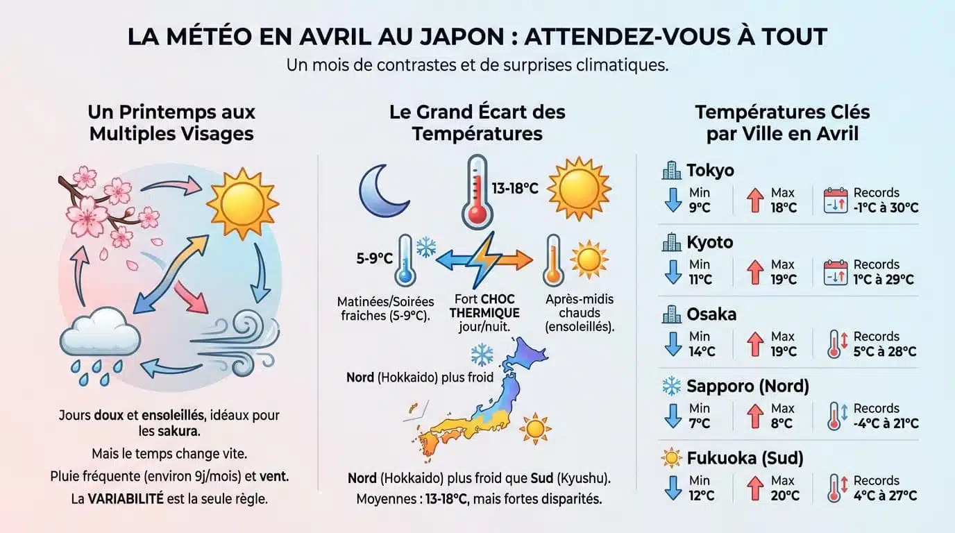 Touristes au Japon en avril sous des cerisiers en fleurs avec une météo variable