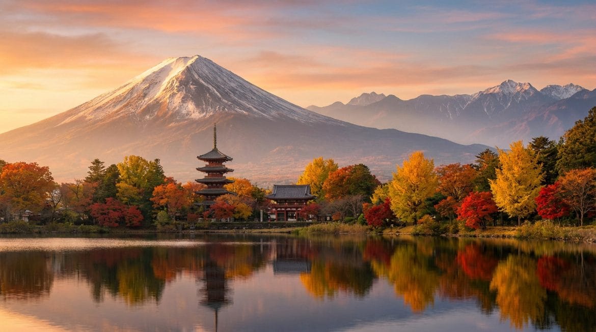 Quelles sont les 4 îles principales du Japon ? Vue panoramique du Mont Fuji enneigé au coucher de soleil, une pagode et des arbres d'automne aux couleurs vives se reflétant dans un lac calme.