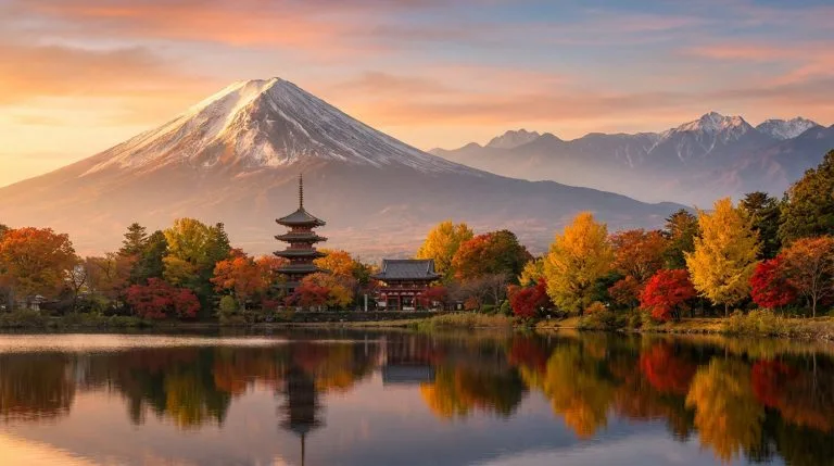 Quelles sont les 4 îles principales du Japon ? Vue panoramique du Mont Fuji enneigé au coucher de soleil, une pagode et des arbres d'automne aux couleurs vives se reflétant dans un lac calme.