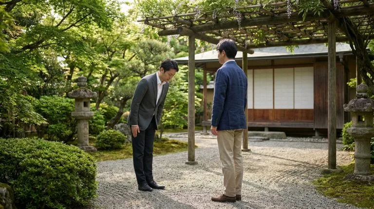 Quelles sont les règles de politesse à connaître avant de partir au Japon ? Deux hommes dans un jardin japonais, l'un s'incline profondément devant l'autre. Bâtiment traditionnel, lanterne et treille.