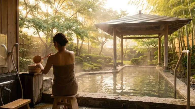 Comment se comporter dans un onsen au Japon ? Femme se préparant à entrer dans un onsen extérieur japonais, versant de l'eau. Cadre verdoyant et apaisant.
