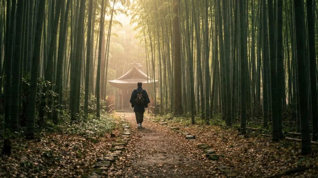 Un homme de dos marche sur un sentier de pierres à travers une forêt dense de bambous verts, vers un sanctuaire sous une lumière dorée.