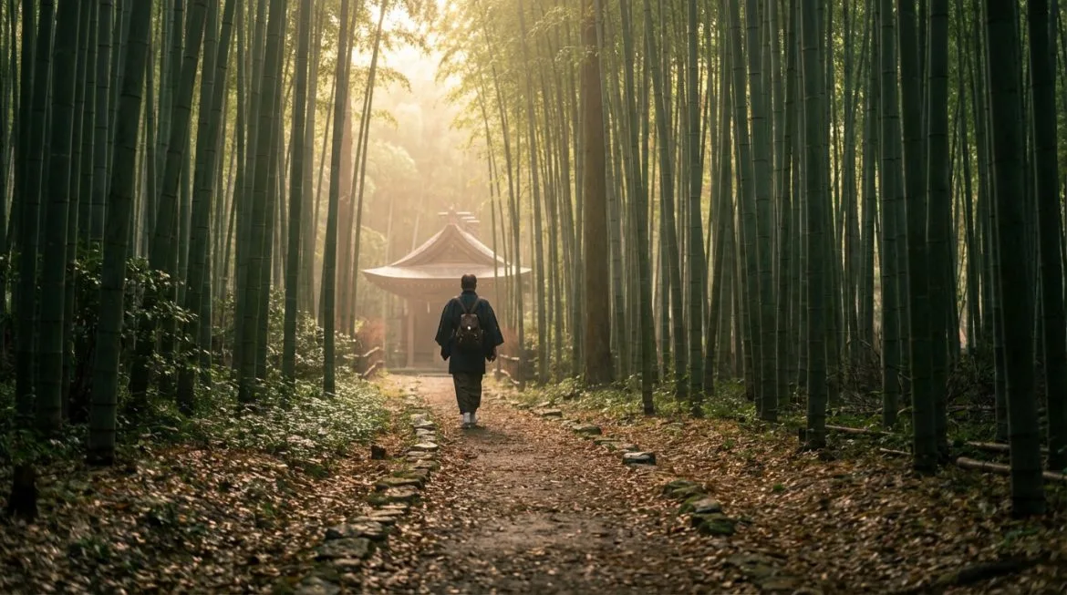 Le surtourisme au Japon : quels endroits pour éviter la foule ? Un homme de dos marche sur un sentier de pierres à travers une forêt dense de bambous verts, vers un sanctuaire sous une lumière dorée.