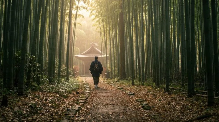 Le surtourisme au Japon : quels endroits pour éviter la foule ? Un homme de dos marche sur un sentier de pierres à travers une forêt dense de bambous verts, vers un sanctuaire sous une lumière dorée.