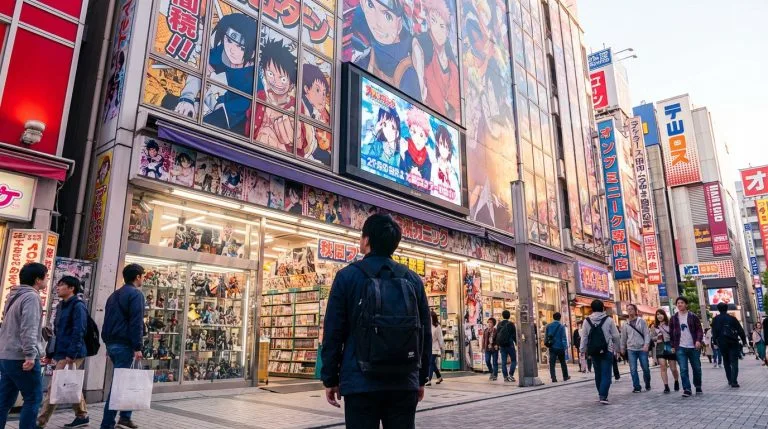 Où aller au Japon quand on est fan de manga ? Vue d'un homme de dos observant un grand immeuble à Akihabara, Tokyo, entièrement décoré d'affiches de manga et d'écrans animés, avec d'autres passants.