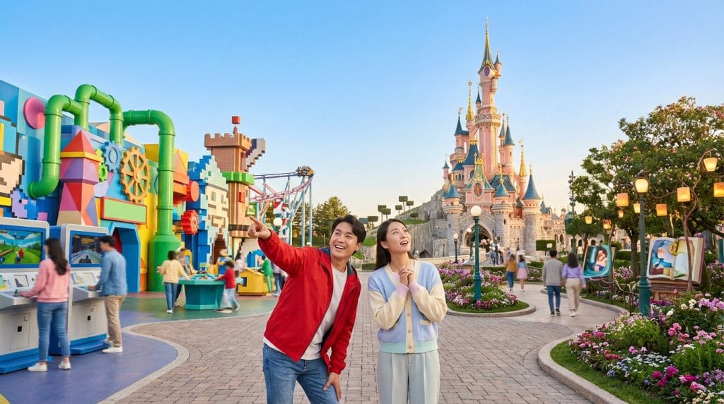 Un couple souriant dans un parc d'attractions, admirant à la fois l'univers coloré de Super Nintendo World et le majestueux château Disney.