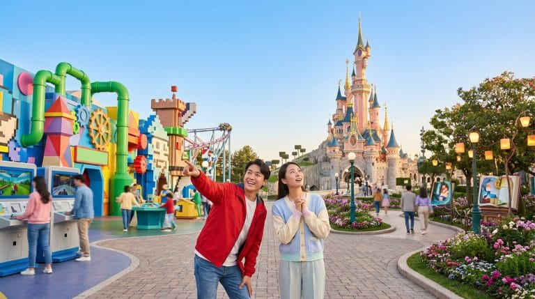 Un couple souriant dans un parc d'attractions, admirant à la fois l'univers coloré de Super Nintendo World et le majestueux château Disney.