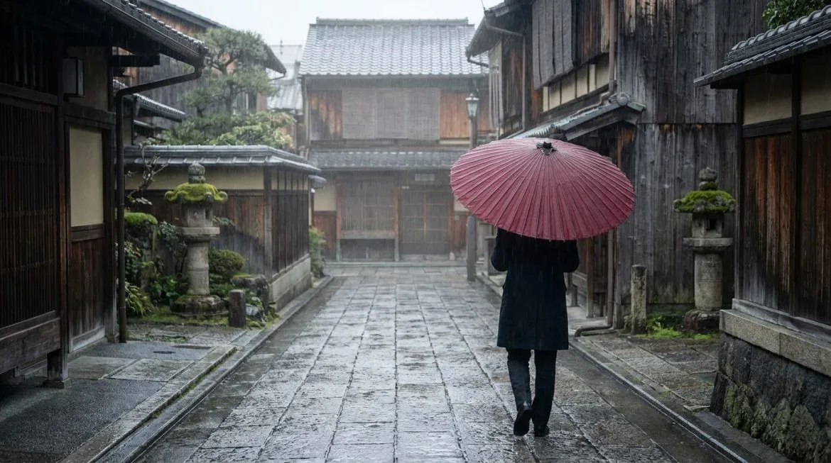 Vue de dos d'une personne avec un parapier rouge marchant dans une rue traditionnelle de Kyoto sous la pluie, bordée de maisons en bois.