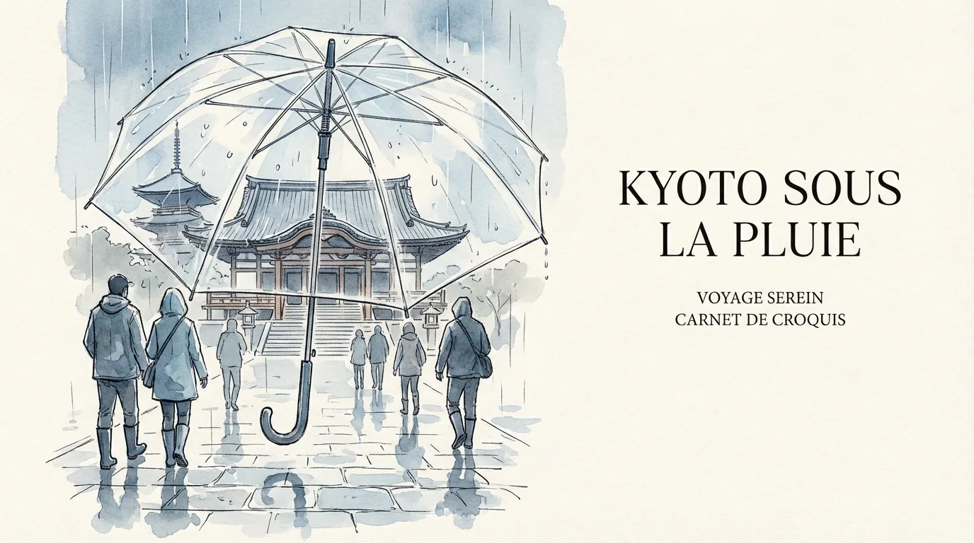 Rue traditionnelle de Kyoto sous la pluie avec des reflets sur les pavés