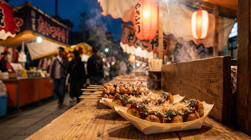 Vue rapprochée de takoyaki et brochettes yakitori fumantes sur un étal de marché de nuit japonais éclairé. Des passants en arrière-plan.