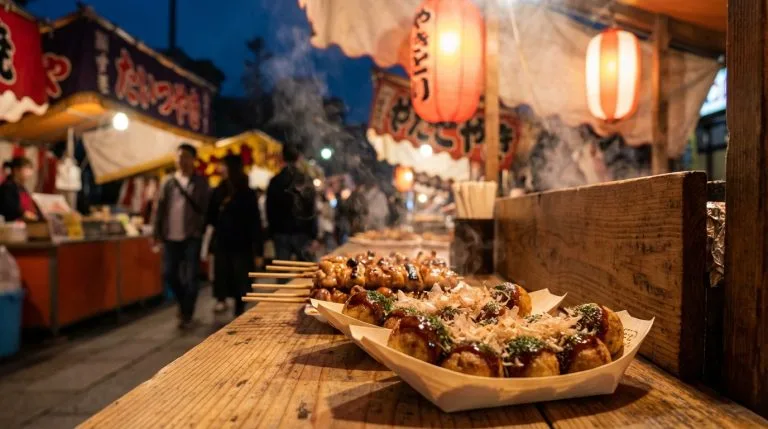 Street food japonaise : top 12 des incontournables à goûter Vue rapprochée de takoyaki et brochettes yakitori fumantes sur un étal de marché de nuit japonais éclairé. Des passants en arrière-plan.
