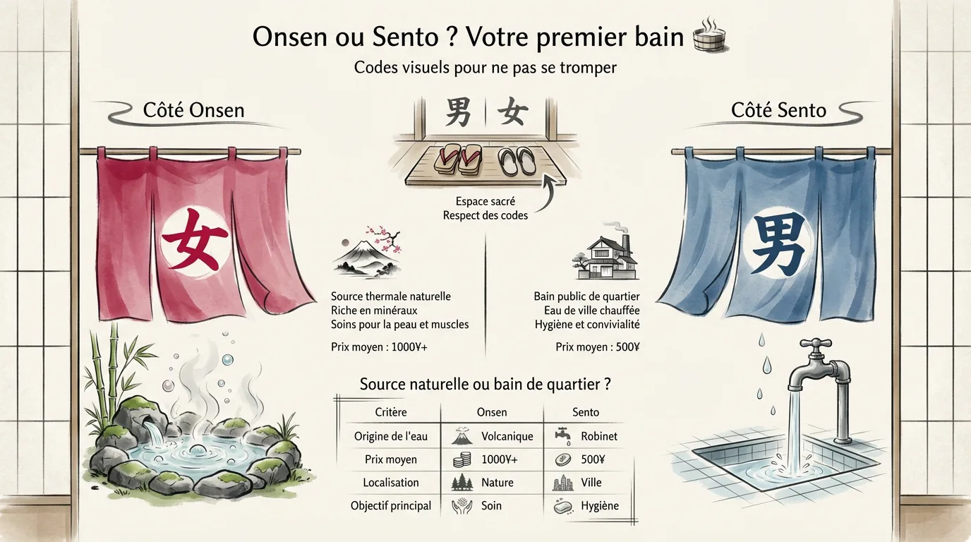 Comparaison visuelle entre un onsen thermal et un sento de quartier au Japon