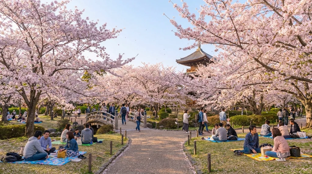Parc japonais animé : cerisiers en fleurs roses, personnes pique-niquant (hanami). Temple et pont traditionnel en arrière-plan.