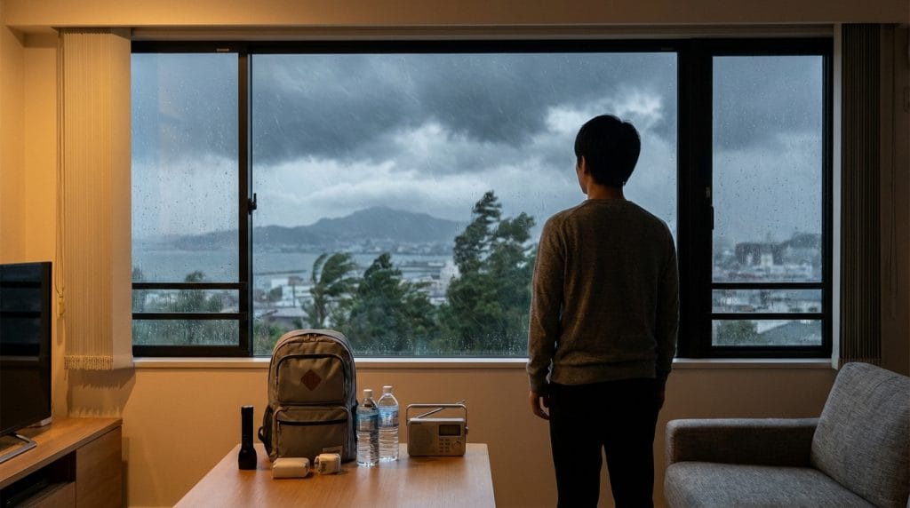 Un homme de dos regarde par une fenêtre la pluie et le vent d'un typhon. Sur la table : sac à dos, eau, lampe, radio.