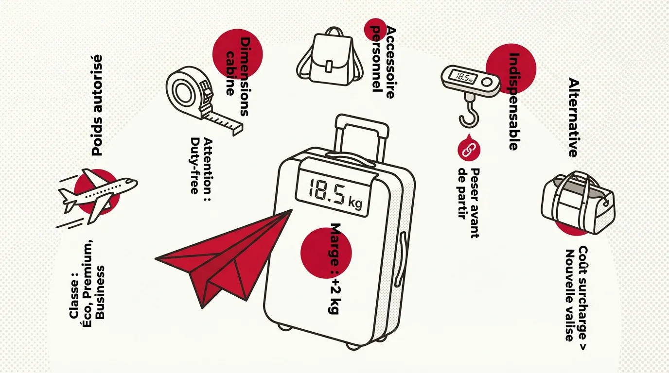 Préparation des bagages avec vérification du poids et des dimensions selon la classe de voyage