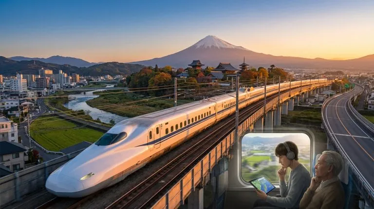 Le JR Pass vaut-il vraiment le coup en 2026 ? Shinkansen passant devant le Mont Fuji et des temples japonais au coucher du soleil. À l'intérieur, des voyageurs contemplent le paysage.