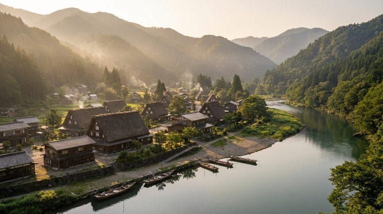 Vue aérienne d'un village japonais aux toits de chaume près d'une rivière, entouré de montagnes verdoyantes sous un soleil brumeux.