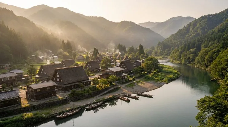 Les plus beaux villages du Japon hors des sentiers battus (et loin des touristes) Vue aérienne d'un village japonais aux toits de chaume près d'une rivière, entouré de montagnes verdoyantes sous un soleil brumeux.
