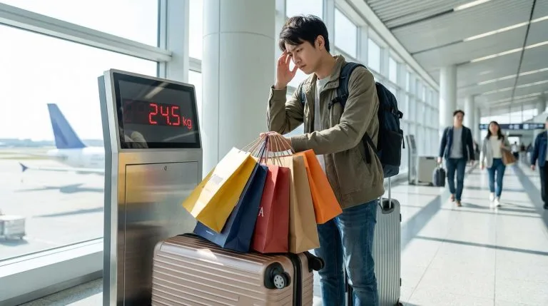 Combien de kilos de bagages prévoir pour le shopping au Japon ? Un homme anxieux pèse sa valise et ses nombreux sacs de shopping sur une balance d'aéroport affichant 24.5 kg.