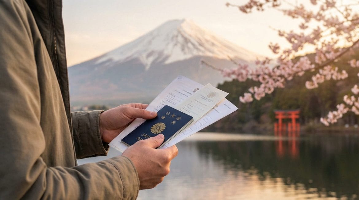 Personne tenant un passeport japonais et des papiers de voyage devant le Mont Fuji, un torii et des cerisiers.