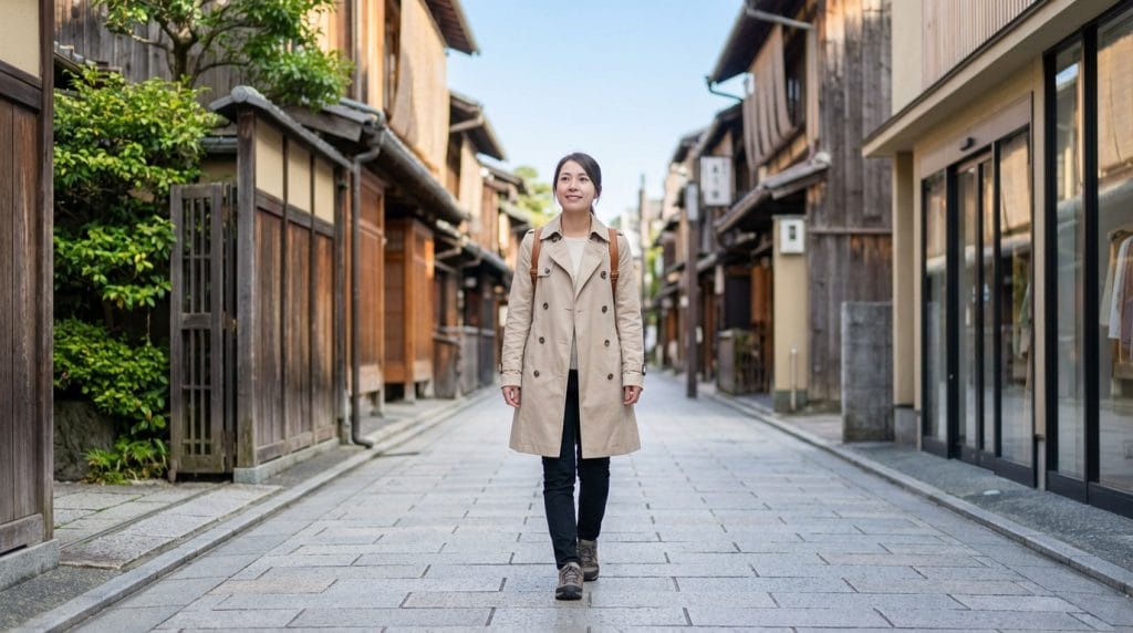 Une femme asiatique souriante avec un trench-coat et un sac à dos, marchant seule dans une rue pavée bordée de bâtiments traditionnels japonais en bois.