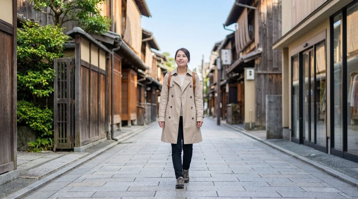 Une femme asiatique souriante avec un trench-coat et un sac à dos, marchant seule dans une rue pavée bordée de bâtiments traditionnels japonais en bois.