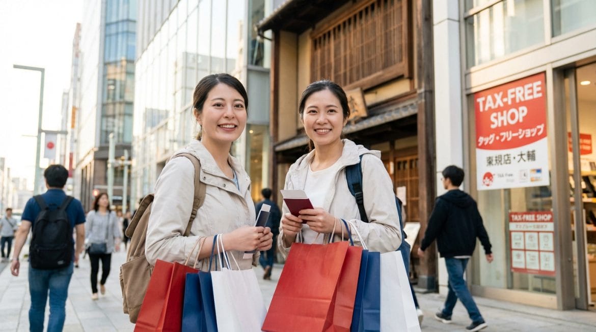 Deux femmes souriantes avec des sacs de shopping et passeports devant un magasin détaxé au Japon, rue animée.