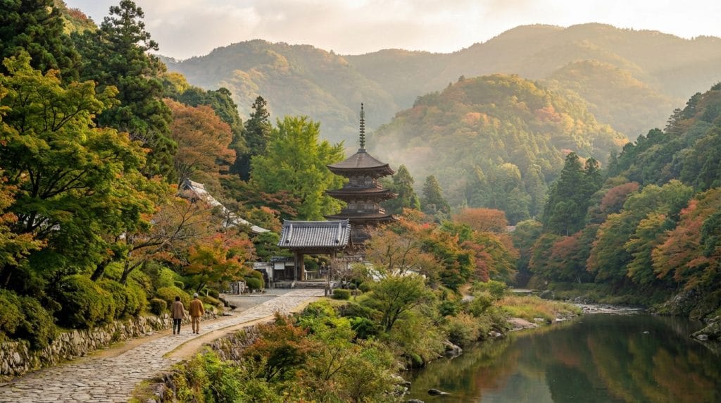 Deux personnes marchent sur un chemin de pierre menant à une pagode japonaise, entourée de couleurs automnales, d'une rivière et de montagnes.