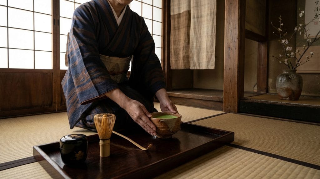 Personne en kimono préparant du matcha lors d'une cérémonie du thé japonaise traditionnelle dans une pièce aux tatamis.