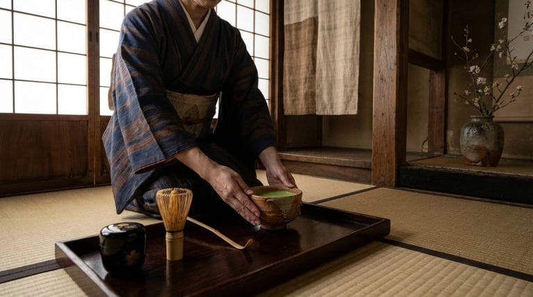 Personne en kimono préparant du matcha lors d'une cérémonie du thé japonaise traditionnelle dans une pièce aux tatamis.