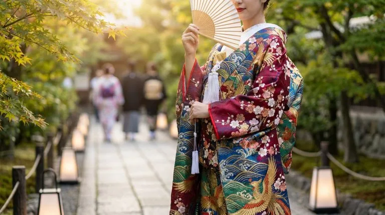 Image d'une personne en kimono traditionnel richement brodé de fleurs et phénix, tenant un éventail, dans un jardin japonais.