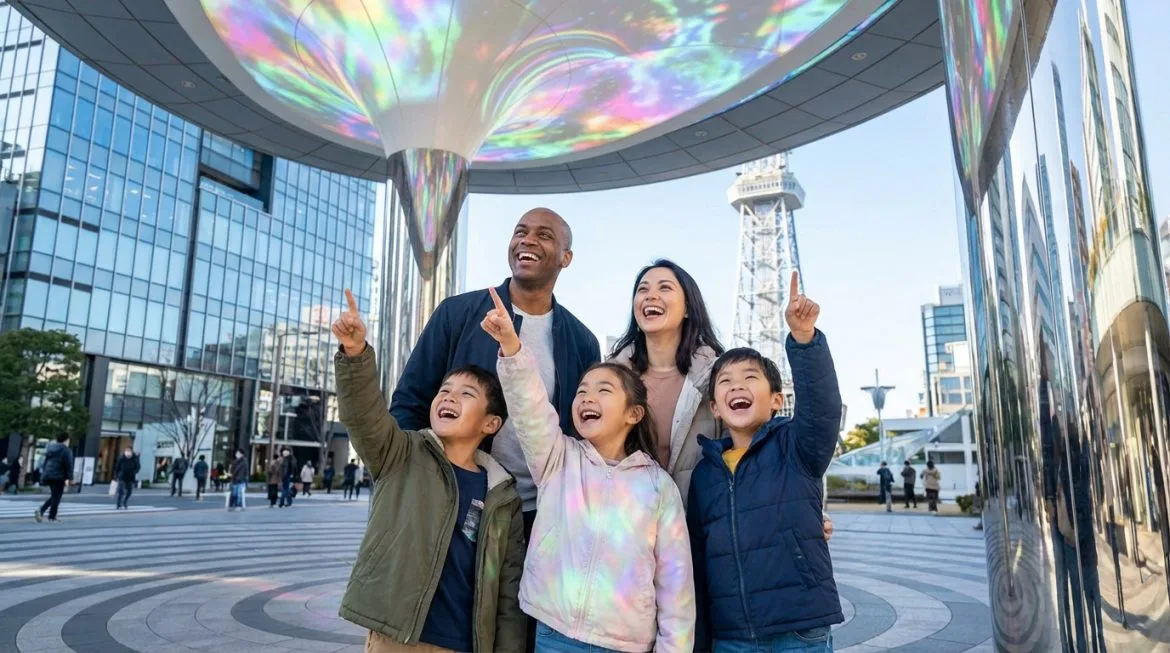 Les 13 meilleures activités pour les enfants à Tokyo Famille souriante (parents et trois enfants) pointant vers une installation lumineuse colorée sous un auvent moderne à Tokyo.