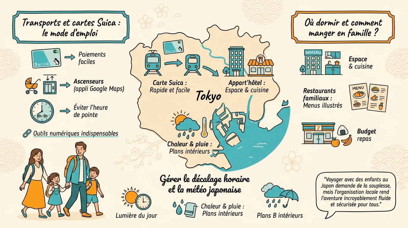 Famille organisant son voyage à Tokyo avec cartes de transport et poussette compacte