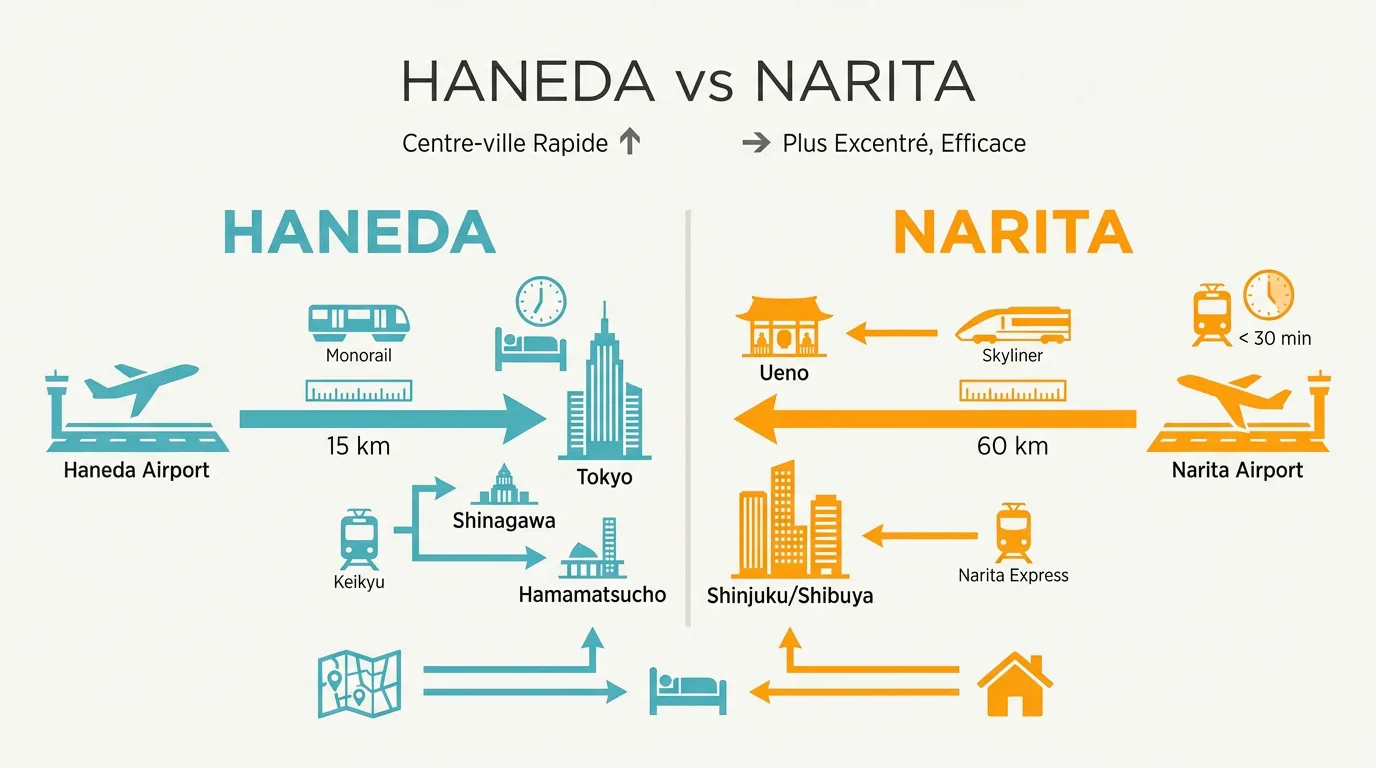 Comparaison visuelle entre les terminaux des aéroports de Haneda et Narita à Tokyo
