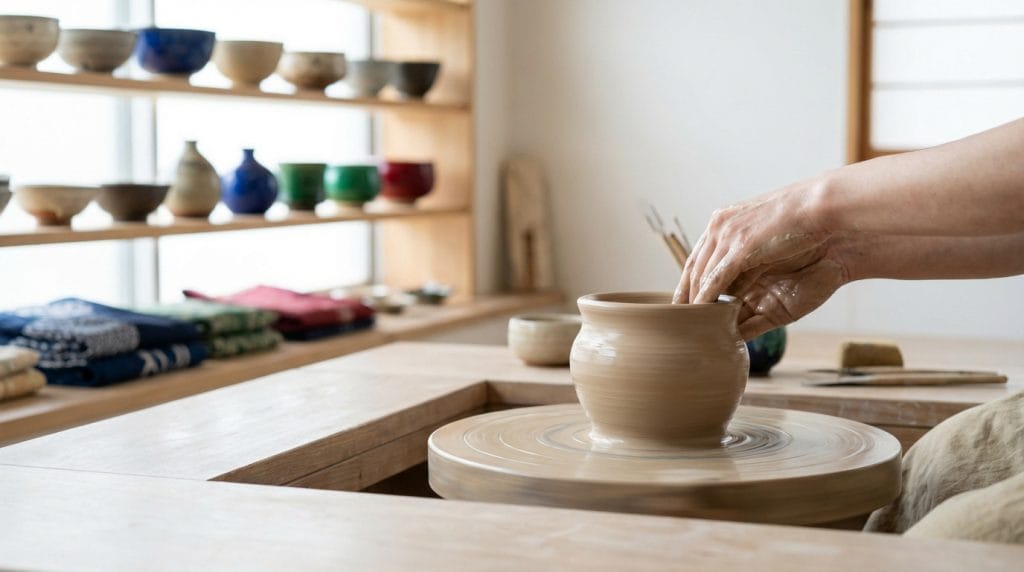 Mains d'une personne façonnant une poterie en argile sur un tour dans un atelier lumineux, avec des étagères de céramiques en arrière-plan.