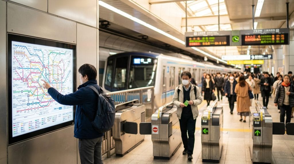 Un homme consulte un plan interactif du métro de Tokyo dans une station animée. Un train arrive, et des passagers masqués passent les portiques.