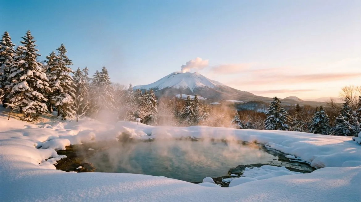 Hokkaido : que faire dans le nord du Japon ? Paysage hivernal enneigé d'Hokkaido avec un onsen fumant au premier plan, des pins et un volcan en éruption au loin.