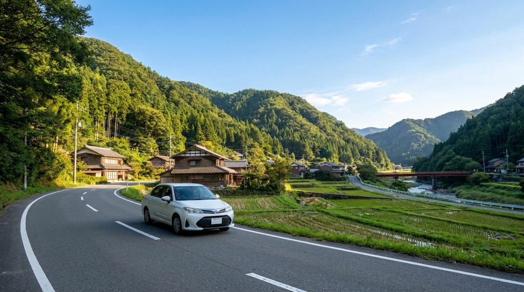 Une voiture blanche roule sur une route sinueuse traversant un village japonais bordé de rizières, montagnes et rivière.