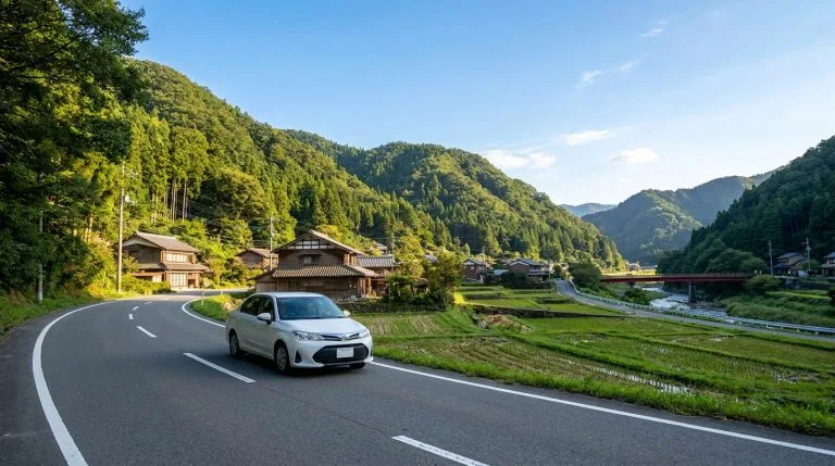 Une voiture blanche roule sur une route sinueuse traversant un village japonais bordé de rizières, montagnes et rivière.