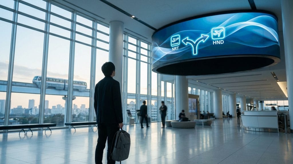 Un voyageur fait face à un écran géant lumineux affichant les options NRT et HND dans un aéroport moderne de Tokyo, avec un monorail visible derrière une grande baie vitrée.