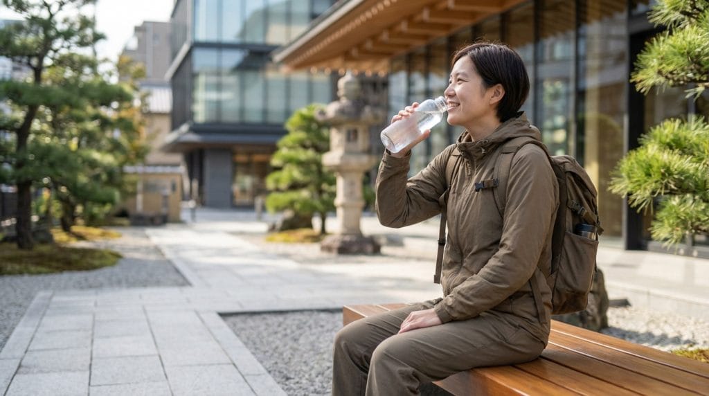 Femme souriante boit de l'eau d'une gourde sur un banc en bois, dans un jardin japonais avec lanternes et pins taillés.