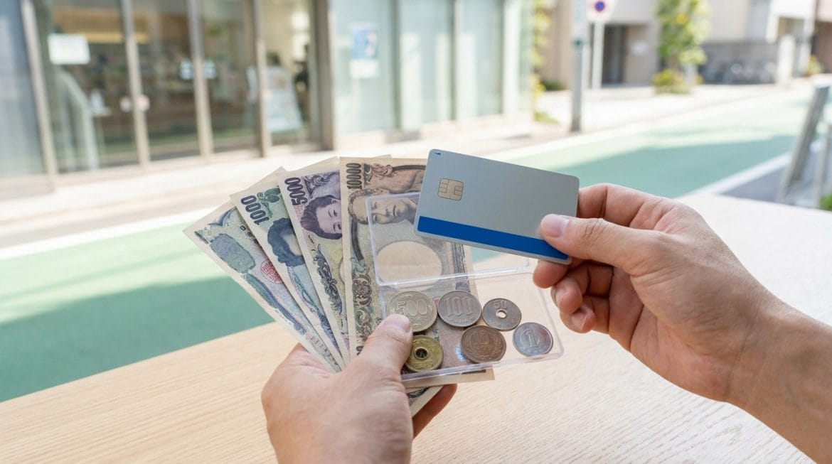 Tout savoir sur la monnaie du Japon et votre budget voyage Des mains tiennent des billets de yens japonais, des pièces dans un étui et une carte de crédit, illustrant les options de paiement au Japon.