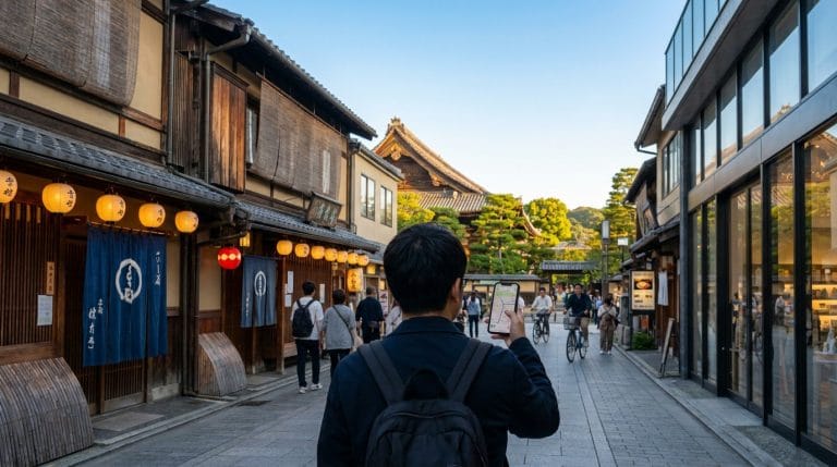 Faut-il parler japonais au Japon pour voyager sereinement ? Vue arrière d'un voyageur consultant une carte sur smartphone dans une rue japonaise animée. Bâtiments traditionnels et temple en arrière-plan.