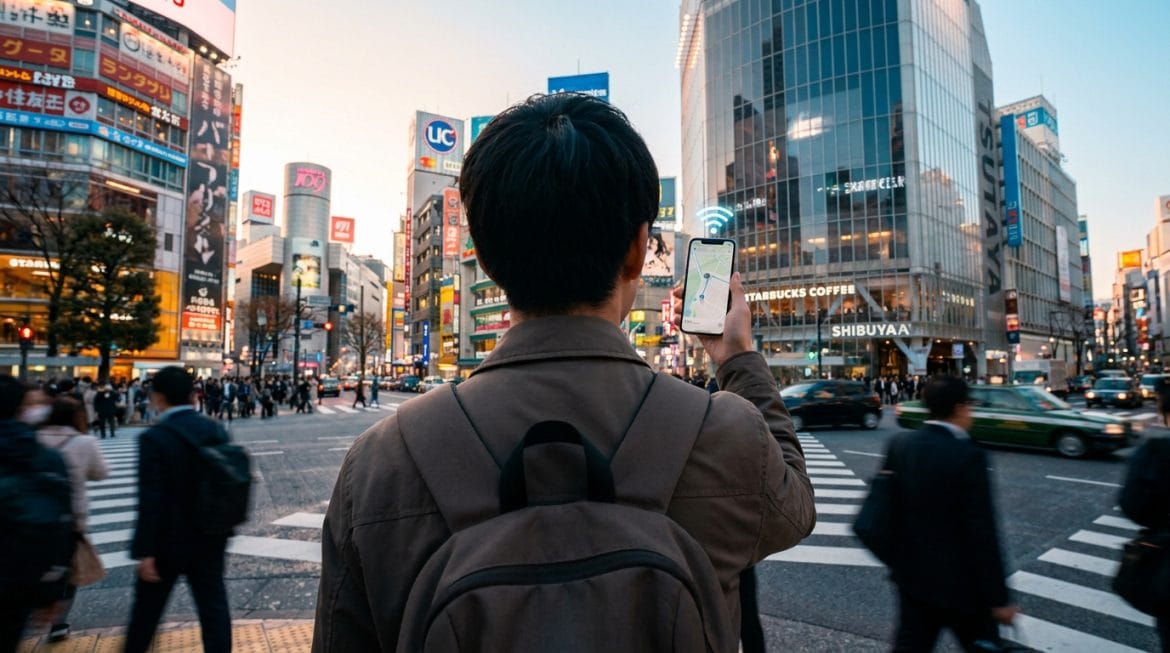 Internet au Japon : comment rester connecté sans se ruiner Vue de dos d'un homme tenant un smartphone affichant une carte avec signal Wi-Fi, au milieu de l'intersection de Shibuya, Tokyo, entouré de bâtiments lumineux et de piétons.