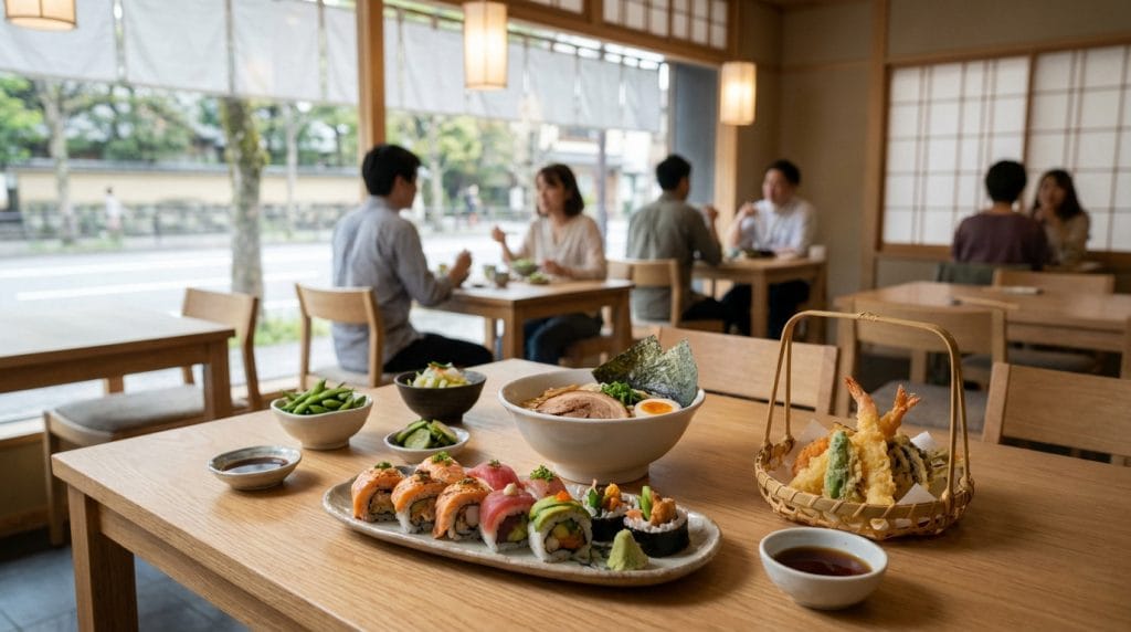 Plat de sushi, bol de ramen et tempura sur une table en bois dans un restaurant japonais lumineux avec des clients en arrière-plan.