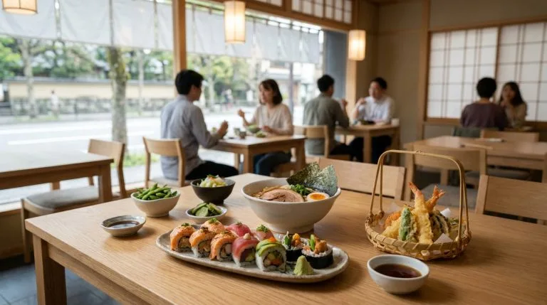 Plat de sushi, bol de ramen et tempura sur une table en bois dans un restaurant japonais lumineux avec des clients en arrière-plan.