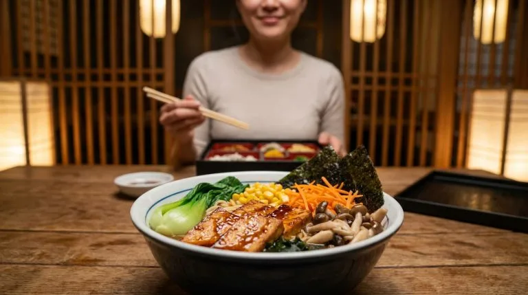 Bol de ramen végétarien au tofu, légumes et nori sur table en bois. Personne souriante avec baguettes et bento en arrière-plan.