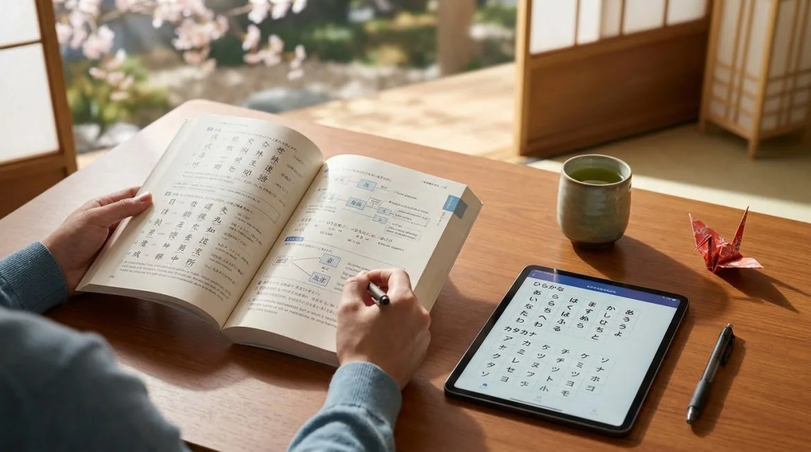 Comment apprendre le japonais : les étapes clés du succès Une personne étudie le japonais avec un livre et une tablette, accompagnée d'un thé vert et d'une grue en origami.