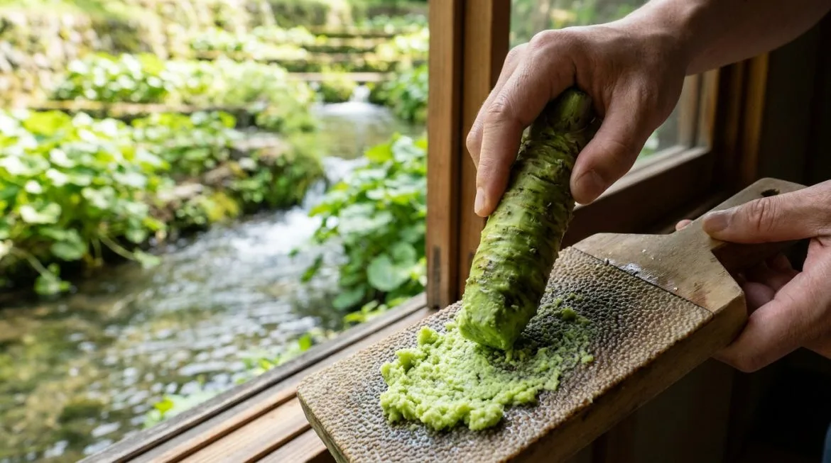 Wasabi au Japon : du vrai goût à la visite des fermes Mains râpant une racine de wasabi fraîche sur une râpe en bois, devant un cours d'eau et une végétation luxuriante.
